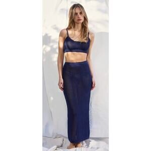 Faraway Lelia Blue Cotton Open Crochet Maxi Skirt